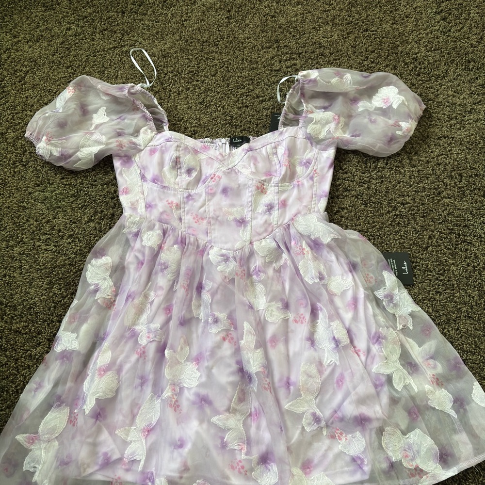 Lulu's Lilac Smocked Mini Dress with Floral Detail